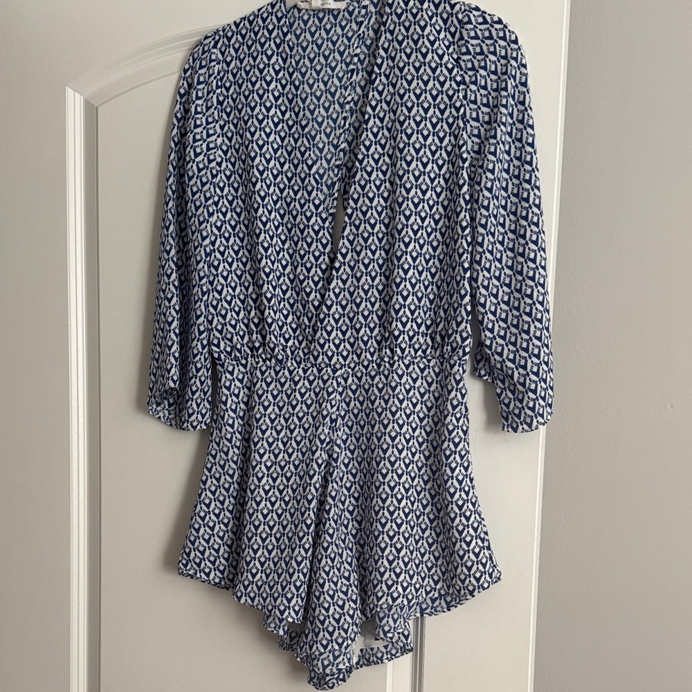 Olivaceous Blue and White Printed Wrap Romper